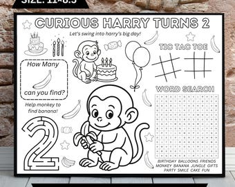 Monkey Birthday Activity Sheet, Jungle Party Placemat (Digital Download)