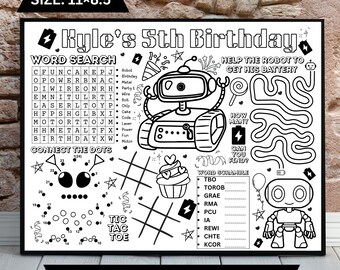 Personalized Robot Birthday Activity Sheet: Kids Party Placemat (Digital Download)