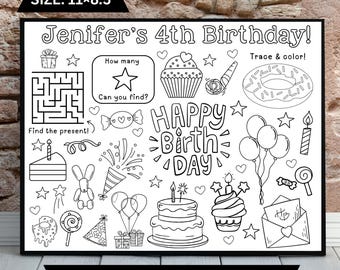 May include: Black and white customizable activity sheet for a 4th birthday. The sheet includes a maze, cupcakes, balloons, a cake, and the text "Jenifer's 4th Birthday!" and "Trace & color!" The sheet measures 11 x 8.5 inches.