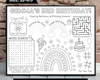 Boho Rainbow Birthday Activity Sheet | Kids Party Favor, Coloring Page