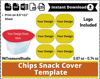 Könnte beinhalten: Eine digitale Vorlage für Snack-Deckel mit einer roten Deckelgrafik auf einem Behälter, sechs gelben Ovalen mit dem Text Your Design sowie dem Text Chips Snack Cover Template, 96TreasureStudio und 0.67 oz - 0.74 oz.