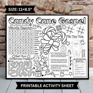 Könnte beinhalten: Schwarz-weißes, bedruckbares Aktivitätsblatt mit dem Titel "Candy Cane Gospel". Enthält eine Wortsuche, Tic-Tac-Toe, Punkt-zu-Punkt und ein Quiz. Das Blatt misst 27,9 x 21,6 cm.