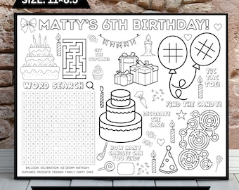May include: Black and white customizable activity sheet for a 6th birthday. Includes a word search, maze, tic-tac-toe, and other games. The sheet measures 11 x 8.5 inches and features birthday-themed illustrations.