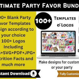 Può includere: Uno schermo di computer portatile mostra un collage di immagini di bomboniere per feste. Il testo sullo schermo recita "100+ MODELLI E LOGHI". Il testo sul lato sinistro dell'immagine recita "100+ Modelli di bomboniere per feste vuoti Progetta in base alla tua scelta 100+ Loghi Inclusi PNG+SVG+PDF+JPG+ Informazioni nutrizionali e molto altro Scarica istantanea". Il testo sul lato destro dell'immagine recita "Crea design per i clienti o la tua festa Completamente personalizzabile".