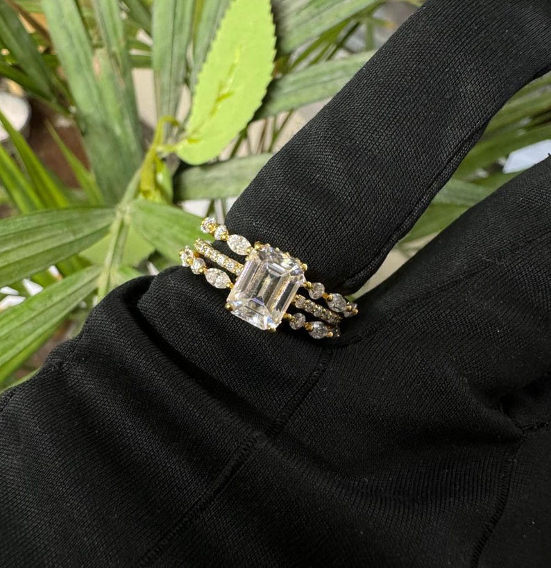 Emerald Cut Moissanite Bridal Ring set, Engagement & Bridal Stacking Ring Set, 925 Silver 3 Band Set Ring, 14k Gold Plated Wedding Ring image 3