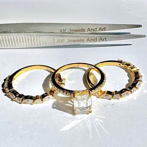 Emerald Cut Moissanite Bridal Ring set, Engagement & Bridal Stacking Ring Set, 925 Silver 3 Band Set Ring, 14k Gold Plated Wedding Ring image 7