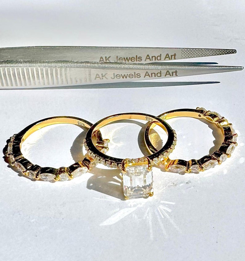 Moissanite Brautring Set, Verlobungsring, 925 Silber Ring, 14k Vergoldeter Stapelring, Smaragdschliff, 3-Band Ring Bild 7