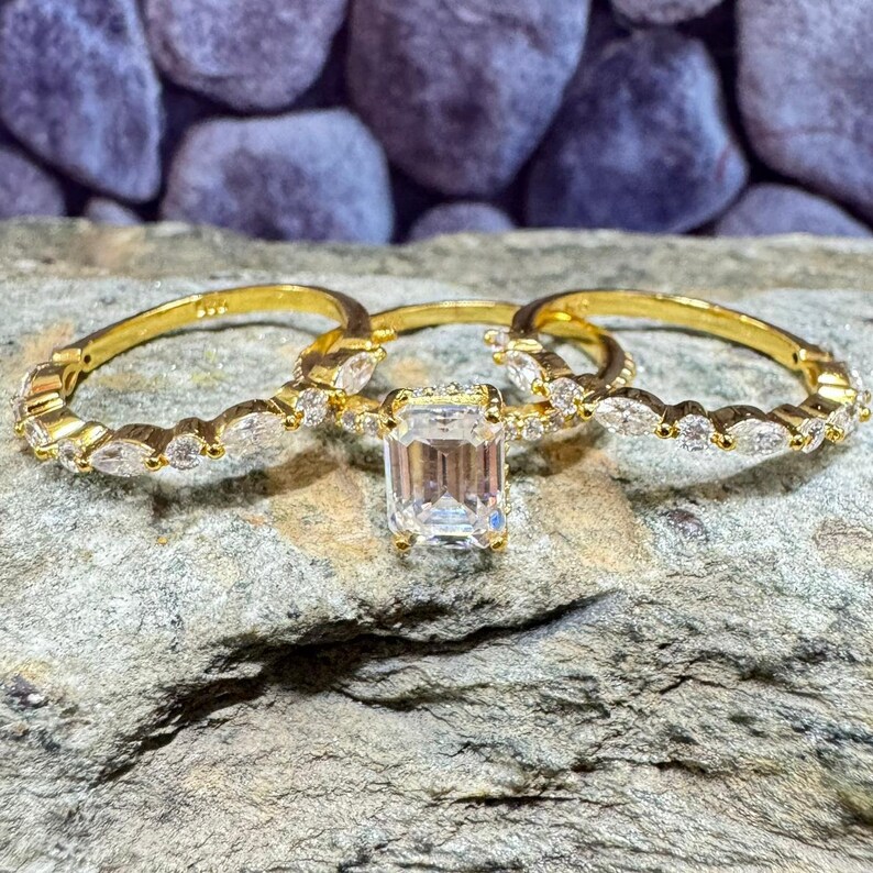 Emerald Cut Moissanite Bridal Ring set, Engagement & Bridal Stacking Ring Set, 925 Silver 3 Band Set Ring, 14k Gold Plated Wedding Ring image 9