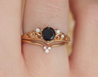 7 mm Round Cut Black Spinel Bridal band set, Spinel 925 Sterling Silver Ring,9k Bridal Ring, 14k Gold Engagement Ring, 18k Gold Wedding Ring