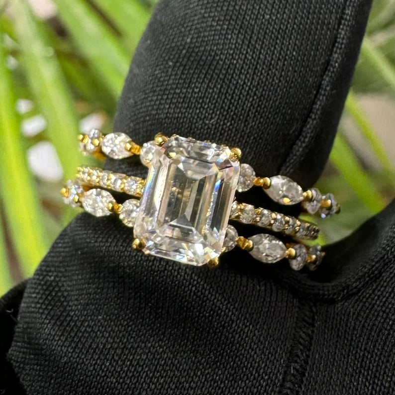 Emerald Cut Moissanite Bridal Ring set, Engagement & Bridal Stacking Ring Set, 925 Silver 3 Band Set Ring, 14k Gold Plated Wedding Ring image 6