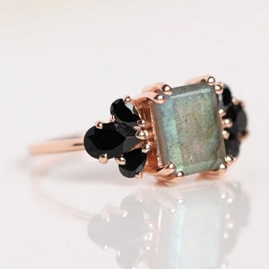 Blue Fire Labradorite 925 Silver ring, Black Onyx Empress Ring, 14k Gold Engagement Ring, Wedding Ring, Anniversary Ring, Mother Day Gift image 2