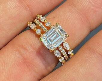 Emerald Cut Moissanite Bridal Ring set, Engagement & Bridal Stacking Ring Set, 925 Silver 3 Band Set Ring, 14k Gold Plated Wedding Ring