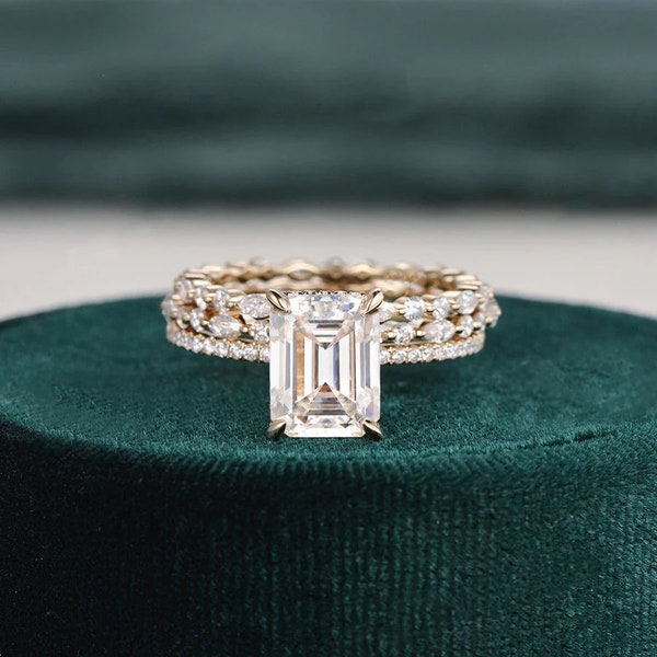 Emerald Cut Moissanite Engagement And Bridal Stacking Ring Band Set, 3 Band Set Ring, In 925 Sterling Silver, 14k Gold Plated Wedding Ring