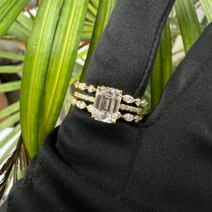 Emerald Cut Moissanite Bridal Ring set, Engagement & Bridal Stacking Ring Set, 925 Silver 3 Band Set Ring, 14k Gold Plated Wedding Ring image 10