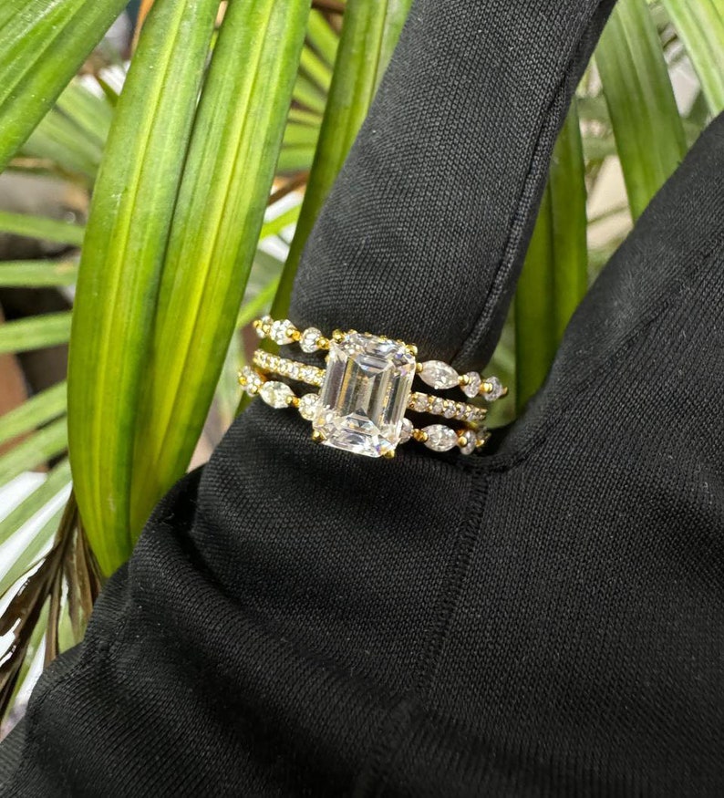 Emerald Cut Moissanite Bridal Ring set, Engagement & Bridal Stacking Ring Set, 925 Silver 3 Band Set Ring, 14k Gold Plated Wedding Ring image 10