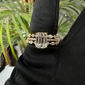 Emerald Cut Moissanite Bridal Ring set, Engagement & Bridal Stacking Ring Set, 925 Silver 3 Band Set Ring, 14k Gold Plated Wedding Ring image 8