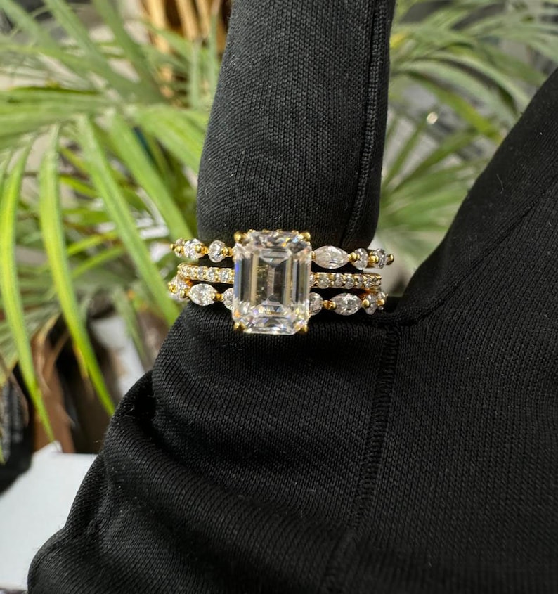 Emerald Cut Moissanite Bridal Ring set, Engagement & Bridal Stacking Ring Set, 925 Silver 3 Band Set Ring, 14k Gold Plated Wedding Ring image 8