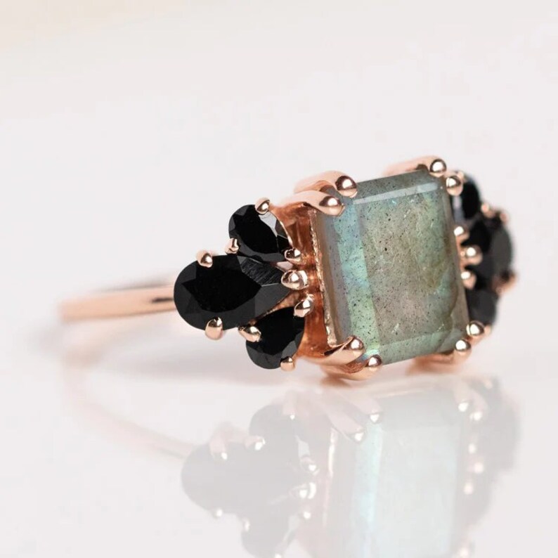 Blue Fire Labradorite 925 Silver ring, Black Onyx Empress Ring, 14k Gold Engagement Ring, Wedding Ring, Anniversary Ring, Mother Day Gift image 7