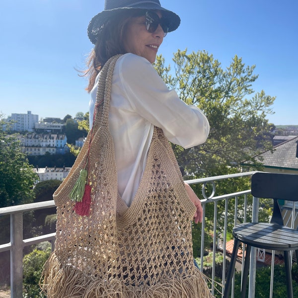 Beige crochet beach bag organic paper bag boho bag casual bag  birthday gift anniversary gift bag for life