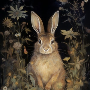 Magical Rabbit Print Dark Cottagecore Decor Woodland Animal printable Art, Digital Download, floral Rabbit Portrait, Cottage Rabbit Gifts