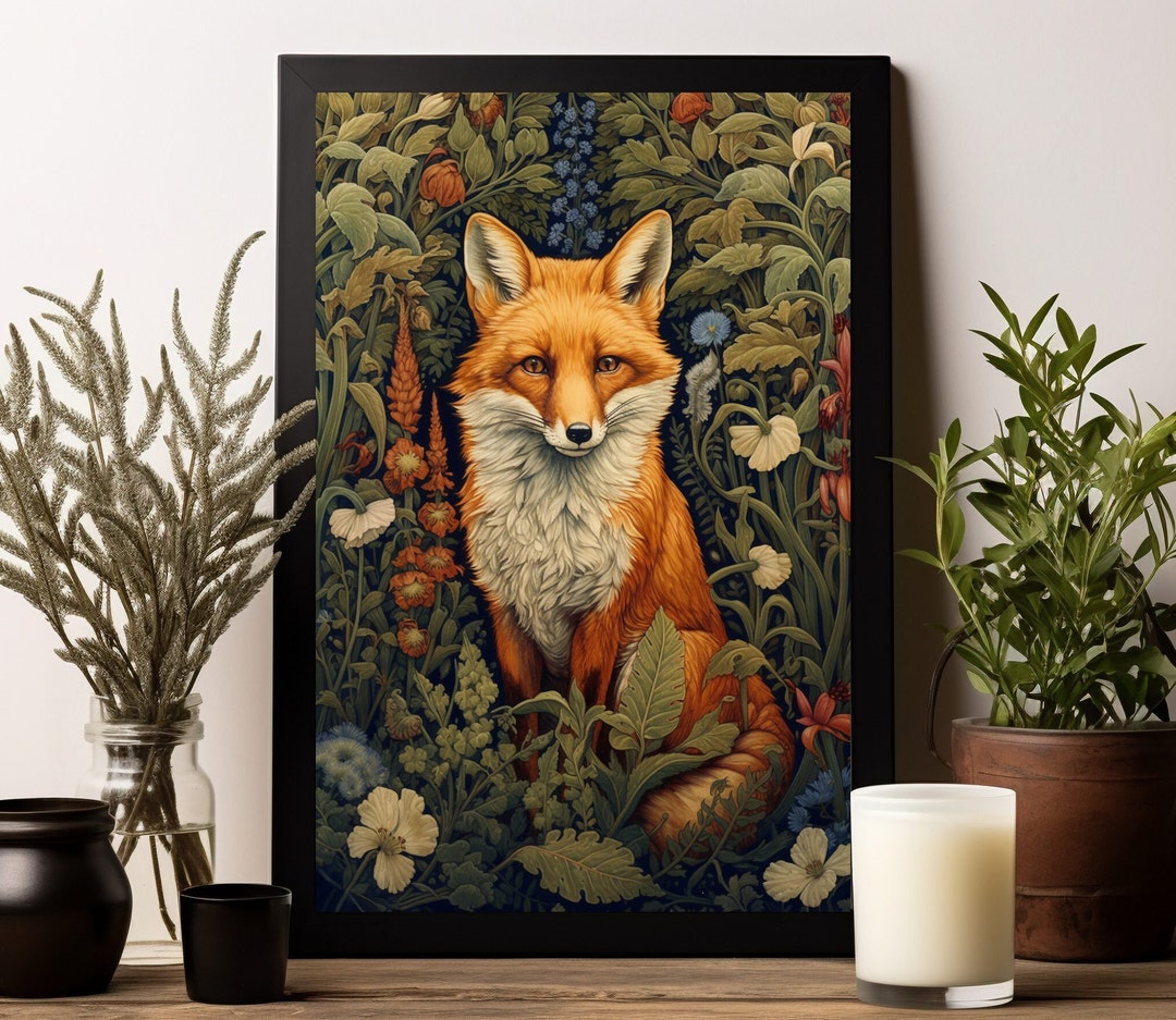 William Morris Inspired Red Fox Art Printable, Cottagecore Colorful ...