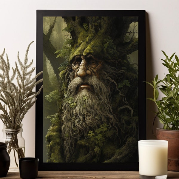 Ancient Green Man Wall Art Instant Download, Tree Spirit Pagan decor, Nature Magic Tree of Life Forest Gods, Fairy Tree Print Dark Green Art