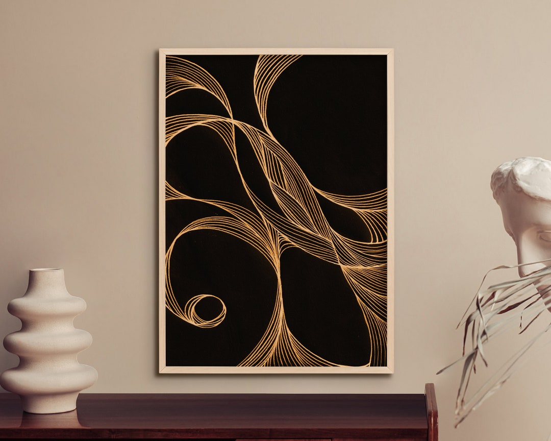 Gold Black Abstract Line Art Wall Art Printable Illustrative Etsy