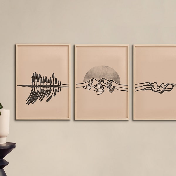 Set of 3 Prints, Abstract Mountain Wall Art, Printable Wall Art, Modern Line Drawing, Boho Wall Art