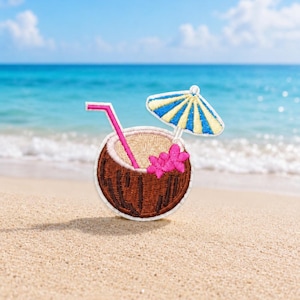Embroidered Tropical Coconut Drink Patch, Beach Summer Cocktail Bag Accent