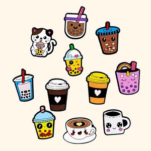 ボバ＆コーヒーシューズチャームセット、かわいいドリンククロッグチャーム、バブルティーシューズチャーム、コーヒー好きへのギフト
