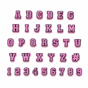 May include: A collection of individual letter, number, and hashtag symbols arranged in rows. Each character features a bright pink center with a bold black outline, designed in a block varsity-style font. The set includes the alphabet, numbers 1-9, and a hashtag.