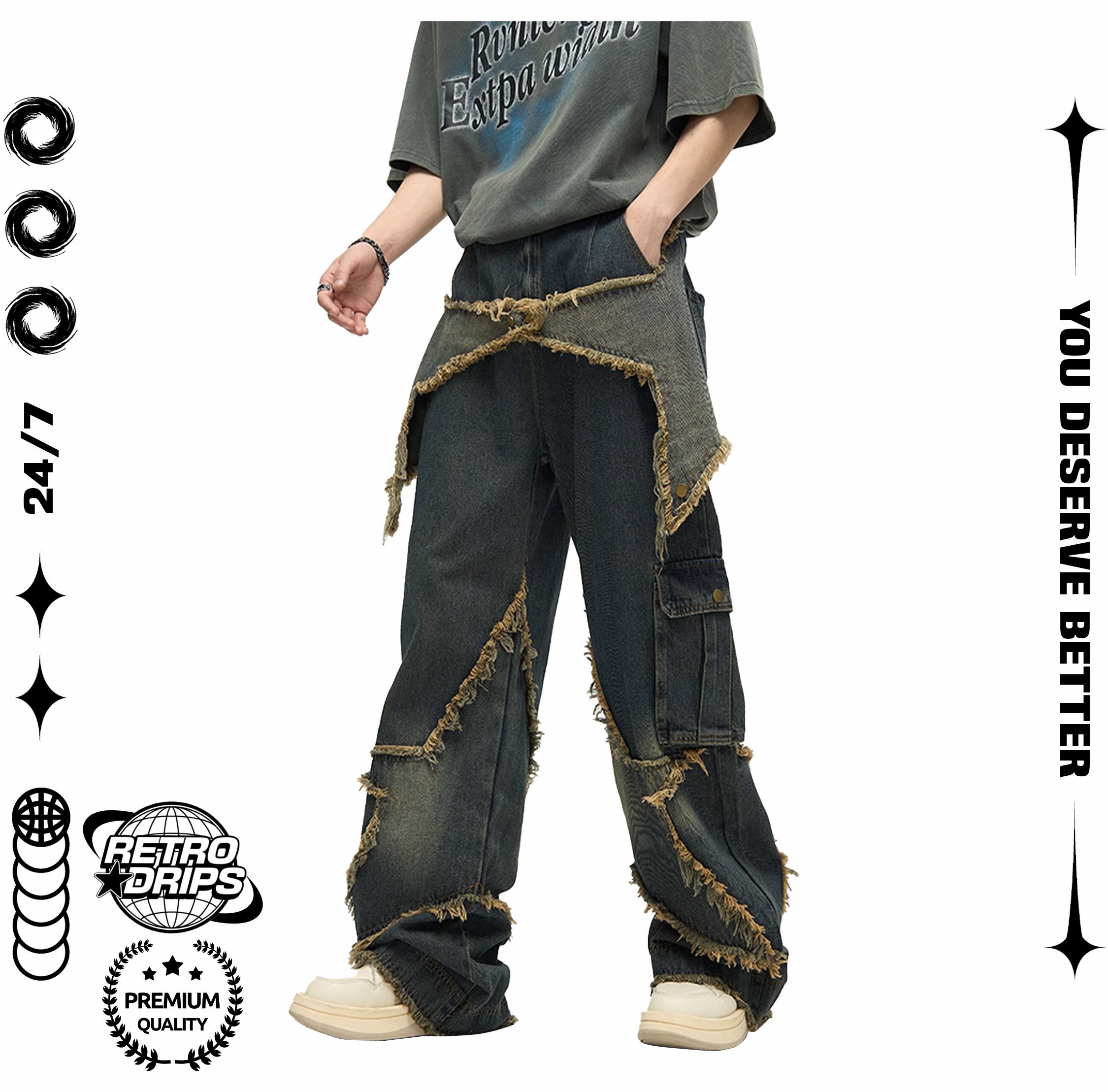 Luxury Embroidered Jeans Men Spliced Snowflake Printed Pants