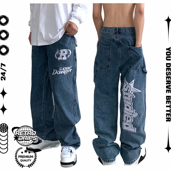 Retro Vintage Jeans For Men Y2k Street Hip-Hop Loose Wide Leg Straight Leg Pants Trend Retro Men'S Clothing