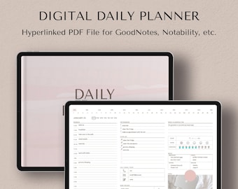 Pode incluir: Um planeador diário digital na tela de um tablet com um fundo de aquarela rosa e branco. O planeador inclui seções para tarefas diárias, planejamento de refeições e gratidão. O texto "LIFE BEGINS AFTER COFFEE!" está na parte inferior da tela.
