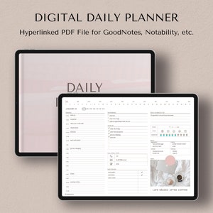 Peut inclure: Un planificateur quotidien numérique affiché sur l'écran d'une tablette avec un fond aquarelle rose et blanc. Le planificateur comprend des sections pour les tâches quotidiennes, la planification des repas et la gratitude. Le texte "LIFE BEGINS AFTER COFFEE!" est en bas de l'écran.
