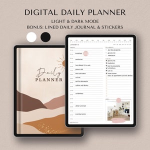Peut inclure: Une application de planificateur quotidien numérique affichée sur l'écran d'une tablette. L'application propose un mode clair avec un fond abstrait brun et beige et un mode sombre avec un fond blanc. L'application comprend un planificateur quotidien avec une liste de tâches et une section pour les notes. L'application comprend également une vue du calendrier et une section pour les autocollants.