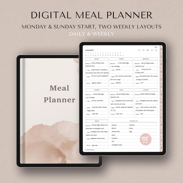Wöchentlicher Mahlzeitenplaner, Digitaler Mahlzeitenplaner, Meal Planner, Meal Prep, Lebensmittelliste, Kücheninventar, iPad Goodnotes Planner