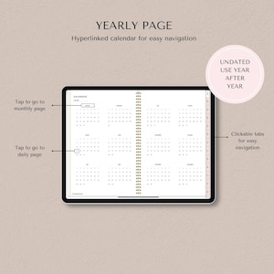 May include: A digital planner with a yearly calendar view. The calendar is hyperlinked, allowing users to easily navigate to monthly and daily views. The planner is undated, so users can use it for any year. The planner has clickable tabs for easy navigation.