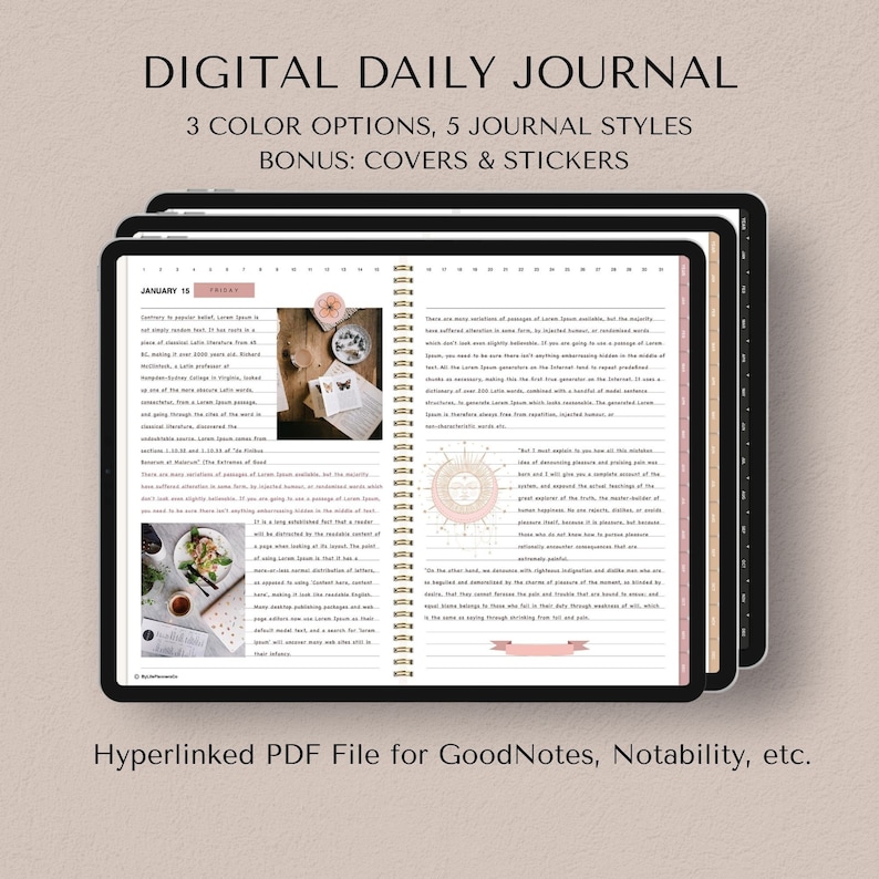 Puede incluir: Diario digital diario con 3 opciones de color, 5 estilos de diario, portadas y pegatinas. El diario es un archivo PDF hipervinculado para GoodNotes, Notability y otras aplicaciones para tomar notas. La imagen muestra una p&aacute;gina con una fecha, d&iacute;a de la semana y texto.