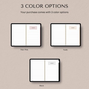 Puede incluir: Tres opciones de color para una agenda digital. La agenda est&aacute; abierta en la p&aacute;gina de enero. Las opciones de color son rosa p&aacute;lido, nude y negro.