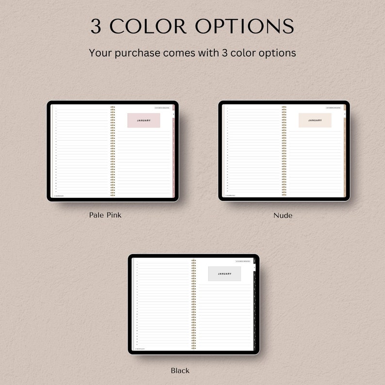 Puede incluir: Tres opciones de color para una agenda digital. La agenda est&aacute; abierta en la p&aacute;gina de enero. Las opciones de color son rosa p&aacute;lido, nude y negro.