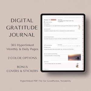 Op de afbeelding: Een digitaal dankbaarheidsdagboek met een roze en wit kleurenschema. Het dagboek heeft een voorpagina met de tekst "Digital Gratitude Journal" en "365 Hyperlinked Monthly & Daily Pages". Het dagboek heeft ook een bonusomslag en stickers. Het dagboek is een PDF-bestand voor GoodNotes en Notability.