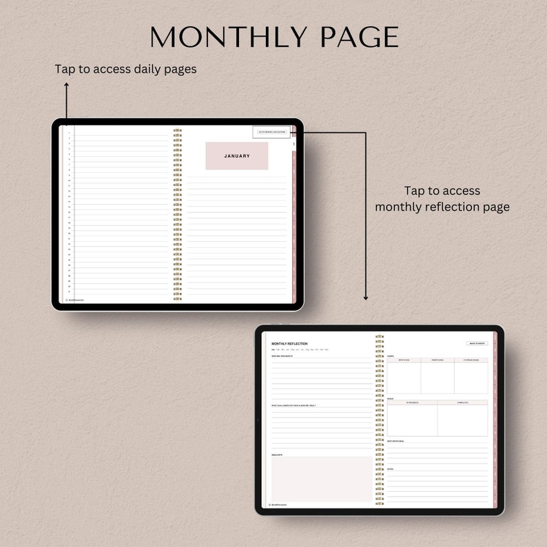 Puede incluir: Una agenda digital con una p&aacute;gina mensual y una p&aacute;gina diaria. La p&aacute;gina mensual tiene una vista de calendario con una secci&oacute;n para la reflexi&oacute;n mensual. La p&aacute;gina diaria tiene una secci&oacute;n para las tareas diarias y las notas. La agenda est&aacute; dise&ntilde;ada para usarse en una tableta o un tel&eacute;fono inteligente.