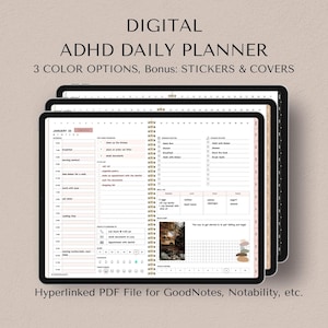May include: Digital ADHD Daily Planner with three color options, bonus stickers and covers. The planner is open to January 23rd and features a daily schedule, to-do list, and habit tracker. The planner is compatible with GoodNotes, Notability, and other note-taking apps.