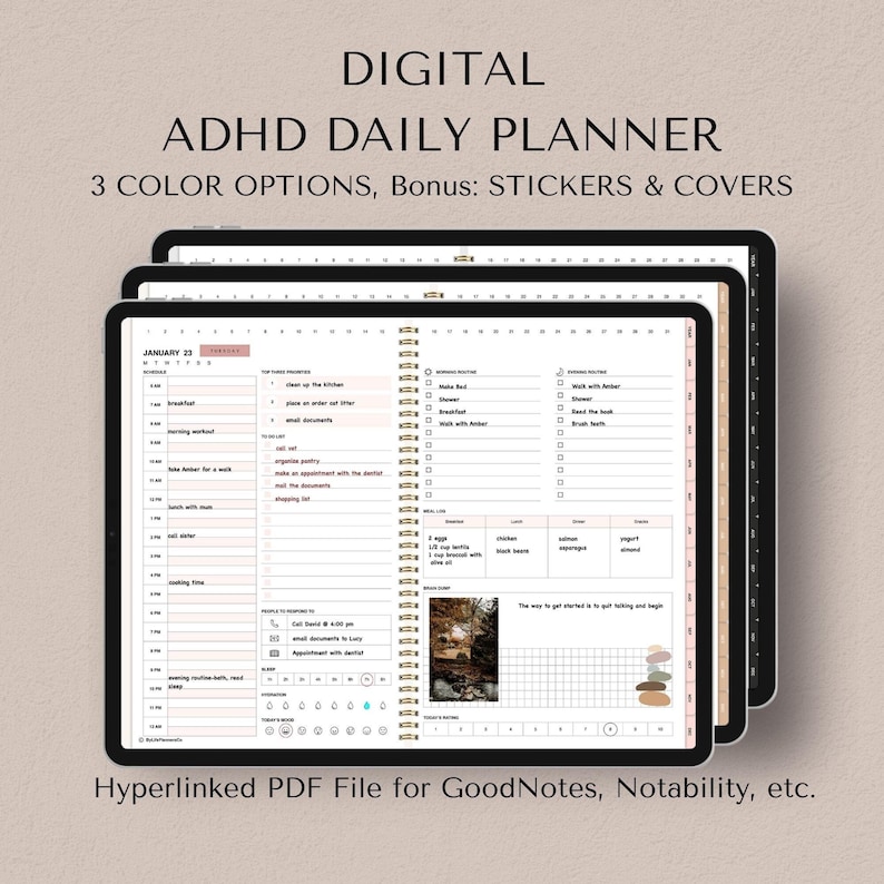 May include: Digital ADHD Daily Planner with three color options, bonus stickers and covers. The planner is open to January 23rd and features a daily schedule, to-do list, and habit tracker. The planner is compatible with GoodNotes, Notability, and other note-taking apps.