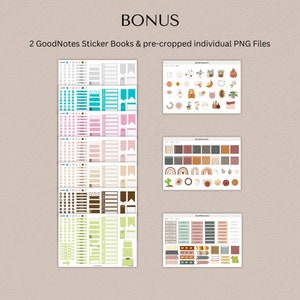May include: Two GoodNotes sticker books and pre-cropped individual PNG files. The sticker books feature a variety of colorful designs, including circles, squares, and rectangles. The PNG files include a variety of designs, including rainbows, cacti, and hearts.