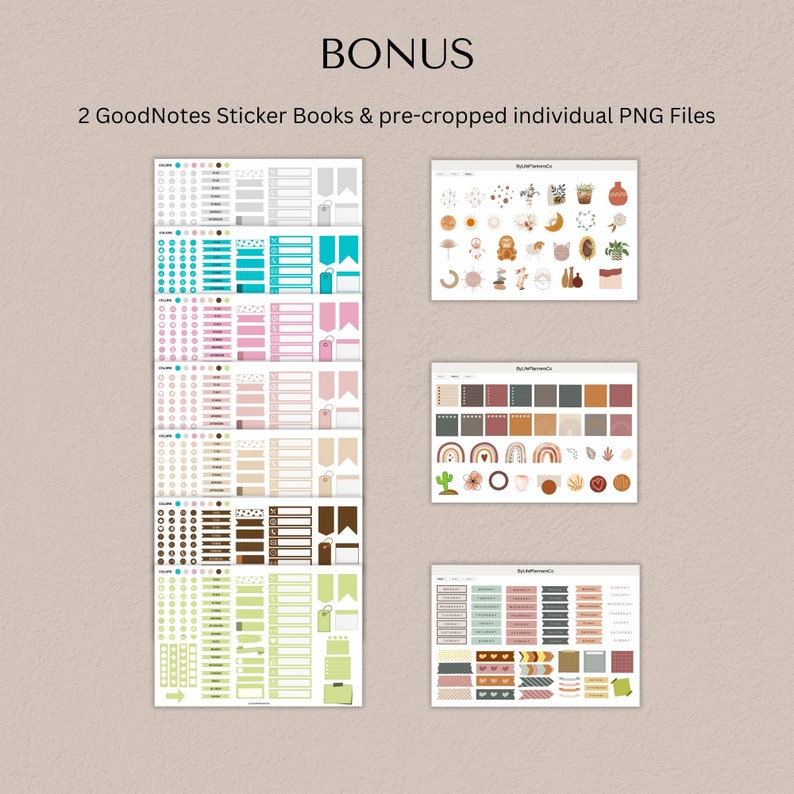 May include: Two GoodNotes sticker books and pre-cropped individual PNG files. The sticker books feature a variety of colorful designs, including circles, squares, and rectangles. The PNG files include a variety of designs, including rainbows, cacti, and hearts.