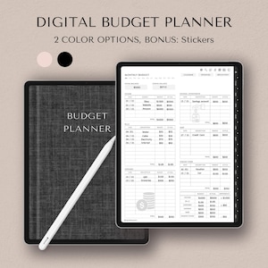 May include: A digital budget planner displayed on a tablet, with a matching cover and stylus. The planner features a black and white design with the text "DIGITAL BUDGET PLANNER" and "BUDGET PLANNER". Includes a bonus of stickers.