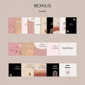May include: A set of 10 different daily planner covers featuring various designs with a boho aesthetic. The covers include rainbows, sun, flowers, and abstract shapes in pink, brown, and white.