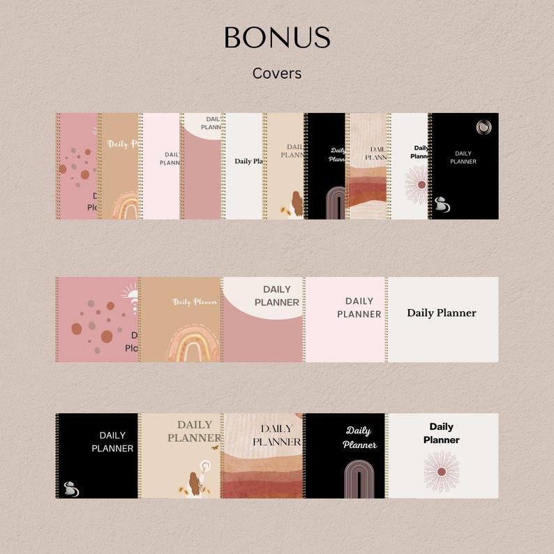 May include: A set of 10 different daily planner covers featuring various designs with a boho aesthetic. The covers include rainbows, sun, flowers, and abstract shapes in pink, brown, and white.
